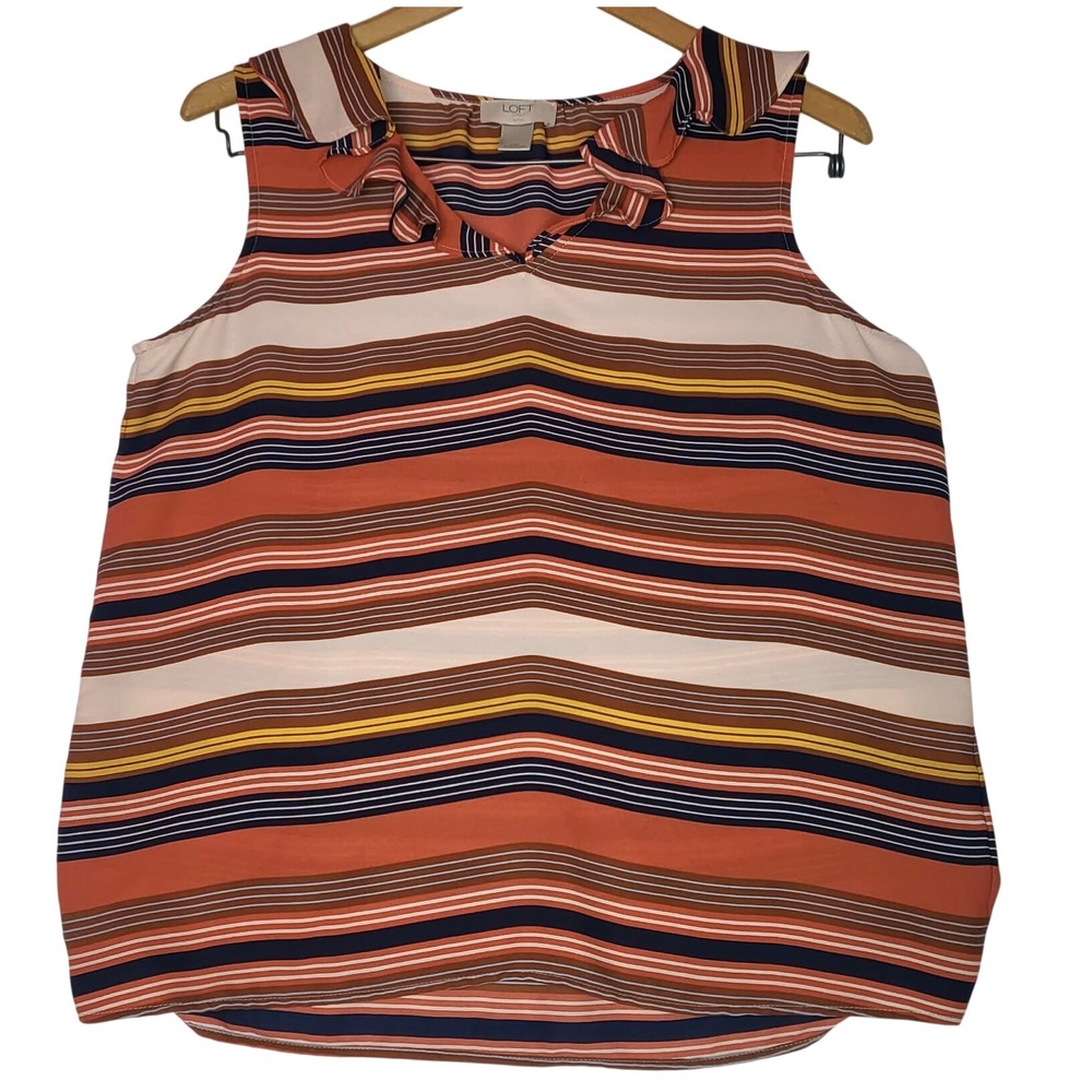 Loft Outlet Petite MP Sleeveless Ruffle Neck Striped Blouse Rust Navy Mustard
